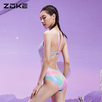 洲克（ZOKE）连体泳衣女夏季游泳衣专业保守游泳馆遮肉显瘦度假温泉游泳衣 兰紫花（带胸垫） S