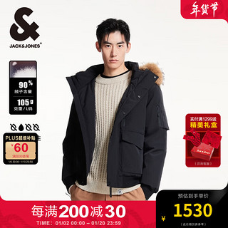 杰克·琼斯（JACK&JONES）冬季潮流百搭宽松抽绳连帽可拆卸毛领羽绒服外套男224412061 纯黑色E43 纯黑色E43 170/92A/S