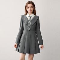 【JK学院风百褶裙】2024秋季衬衫假两件长袖裙格雷系西装裙