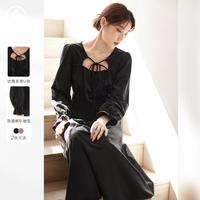 【AN大码系列】冬装复古美式褶皱系带领女式长袖连衣裙
