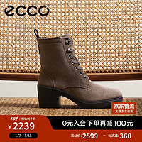 ecco 马丁靴女 系带高跟短筒牛皮女靴 都市222223 咖啡色39