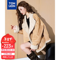 唐狮(TonLion)2024长袖外套女立领撞色仿麂皮绒复合羔绒短款外套