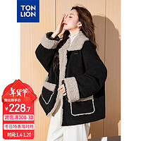 TONLION 唐狮 2024女翻立领灯芯绒拼接短款外套 黑色 M