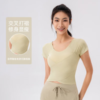 玉儿恋瑜伽服交叉褶皱修身带胸垫一体式短袖t恤女裸感显瘦健身上衣