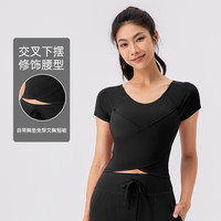 玉儿恋瑜伽服交叉褶皱修身带胸垫一体式短袖t恤女裸感显瘦上衣 黑色 L