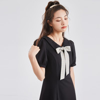 唐狮小黑裙早春女装蝴蝶结系带泡泡袖格子复古连衣裙短裙