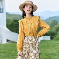 法式荷叶边衬衫女装2024春秋季纯棉长袖衬衣小飞袖白上衣