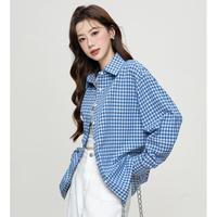 经典港风翻领格子衬衫女秋装个性慵懒休闲衬衣外套女拼接撞色上衣