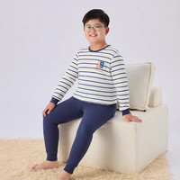 猫人 MIIOW儿童秋衣秋裤纯棉男童全棉内衣套装加肥加大青少年胖童春秋冬 蓝白条纹 160
