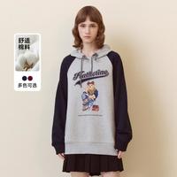 卫衣女2024秋冬学院风小熊印花运动连帽卫衣女
