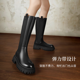百丽厚底增高骑士靴冬季女靴子厚底加绒长筒靴高长靴A2W1DDG3 黑色-绒里 37