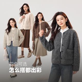 秋冬女式仿羊羔绒摇粒绒圆领开衫时尚保暖通勤百搭长袖上衣外套