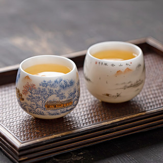 金镶玉 羊脂玉瓷对杯 家用陶瓷白瓷茶杯品茗杯茶碗功夫茶具礼盒装 秋山苍翠羊脂玉瓷对杯