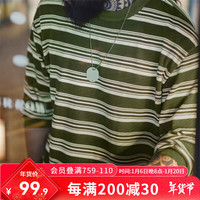 马登 MADEN工装  美式复古三色条纹长袖t恤圆领混纺撞色字母针织打底衫男秋