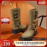 Tata他她厚底骑士靴女靴时尚加绒牛皮中筒靴机车靴冬季W5P01DS3
