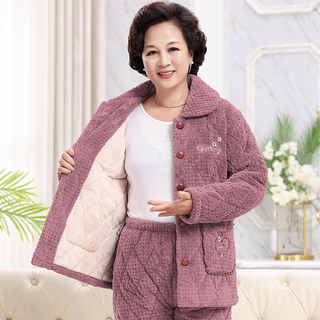 女士秋冬季款棉袄睡衣中老年人三层加厚珊瑚绒保暖套装家居服