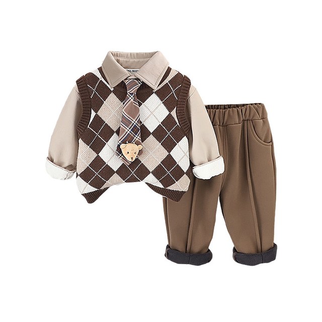 88VIP：BETO 依贝童男童装秋冬加绒加厚三件套婴儿童学院风毛衣宝宝冬装套装