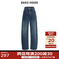 BAIC HOUE/百家好复古弯刀裤女2024冬季高腰阔腿加绒萝卜牛仔裤