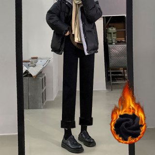 美茵曼丽复古剪边小直筒牛仔裤女秋冬款加绒修身保暖弹力加厚九分烟管裤子 黑色【加绒】 加厚 HN023 32 （140-150斤）