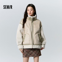 森马 Semir外套女仿麂皮仿羊羔毛拼接酷飒风冬盐系复古宽松质感夹克潮酷