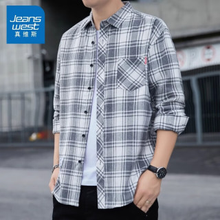 真维斯（Jeanswest）长袖衬衫男春秋季宽松休闲帅气上衣韩版格子衬衣外套男 白色 2XL G37深灰+G34深灰 2XL码