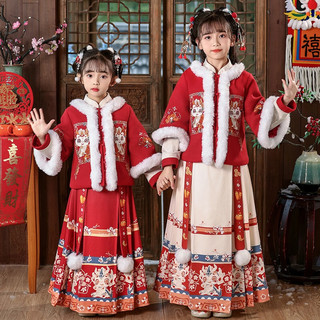 安妮优儿汉服女童拜年服冬季加厚儿童过新年喜庆衣服秋冬装 红色 140