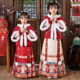 安妮优儿汉服女童拜年服冬季加厚儿童过新年喜庆衣服秋冬装 红色 140