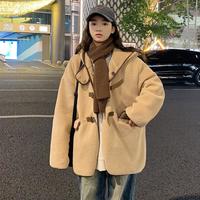 2024冬季女连帽撞边麂皮绒复合外套简约休闲百搭设计感外套