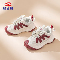 哈比熊（HOBIBEAR）儿童运动鞋春秋革面男童跑步鞋校园百搭女童鞋JD21G86米白/红35码 米白/红(革面)