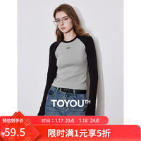 初语长袖t恤女秋冬2024修身美式撞色TEE圆领百搭打底衫上衣 黑色-花灰 XL