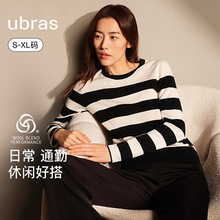 Ubras 刘雯同款条纹圆领修身可机洗半高领圆领美丽诺羊毛衫 白色 S