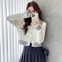 唐狮初秋法式精致大翻领针织开衫女撞色修身短款白色毛衣女qd