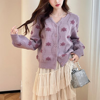 唐狮减龄韩系百搭显瘦开衫女冬季紫色甜美毛衣女设计感qd