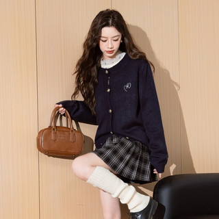 唐狮女显瘦修身小刺绣毛衣开衫女冬季蓝色学院风针织衫qd