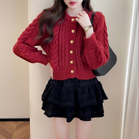 唐狮毛衣女秋冬短款韩系慵懒风高级感复古红色绞花开衫qd
