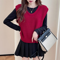 唐狮复古风显瘦坑条U领套头马甲背心女秋内搭红色毛衣qd