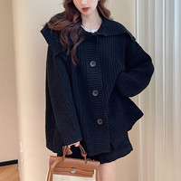 唐狮大翻领设计宽松开衫外套女秋季黑色宽松针织衫毛衣qd