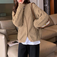 唐狮棕色复古绞花圆领开衫外套女毛衣初秋慵懒风穿搭qd