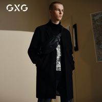 GXG男装黑色含羊毛长款毛呢加厚大衣外套GY126785G
