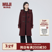 无印良品（無印良品 MUJI）女式羊毛混牛角扣大衣长款连帽毛呢呢子外套秋冬季外衣 新年红 深紫红色 S (155/80A)
