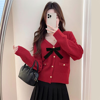 唐狮名媛风蝴蝶结V领开衫早秋小香风红色毛衣慵懒感qd