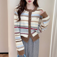 唐狮多彩条纹圆领针织开衫女冬季复古毛衣外套女
