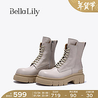 Bella Lily2024增高英伦马丁靴女厚底中筒靴系带时装机车靴子 灰色 35