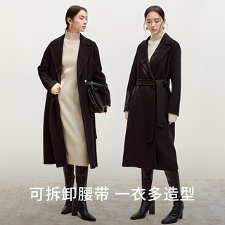 尚都比拉长款100%羊毛大衣女冬季高级感收腰双面毛呢外套 黑色 XL 