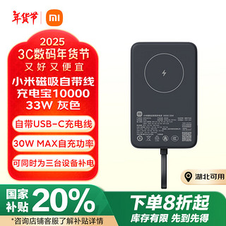 小米（MI）小米磁吸自带线充电宝 10000 33W  灰色 可上飞机 多彩便携 有线无线自在充电 iPhone安卓可用 10000 33W 灰色