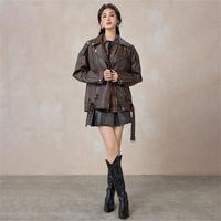 女装宽松落肩开胸梭织外套女士帅气机车翻领皮夹克气质外套女