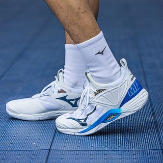 美津浓（MIZUNO）男女耐磨防滑透气专业排球鞋WAVE室内外运动鞋缓震高弹 白深蓝 2代 38 =240mm