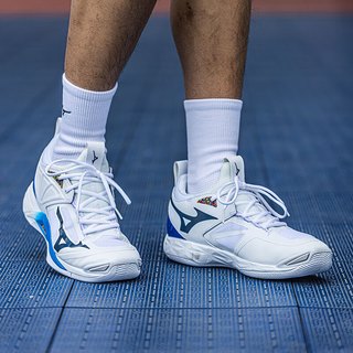 美津浓（MIZUNO）男女耐磨防滑透气专业排球鞋WAVE室内外运动鞋缓震高弹 白深蓝 2代 38 =240mm