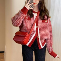 唐狮小香风绒感开衫外套女秋冬季红色设计感毛衣针织衫qd