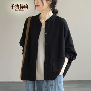 子牧棉麻2024秋装 女文艺百搭宽松显瘦棒球服外套长袖开衫上衣9901 黑色 XXL(140-155斤)